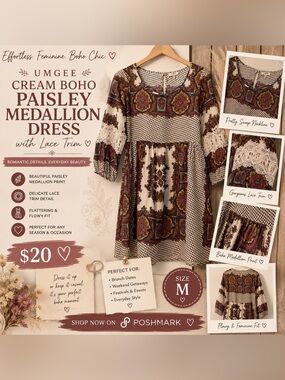 Umgee Cream Boho Paisley Medallion Dress with Lace Trim